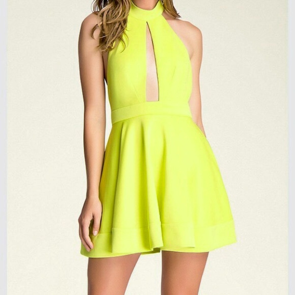 BEBE Lime Plunge Halter Skater Party Cocktail Club Dress